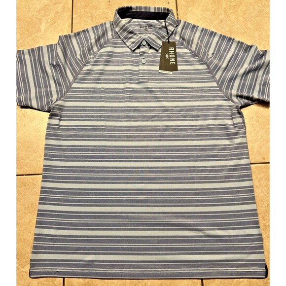 Rhone Shirt Mens Large Delta Pique Polo Ocean Blue Striped Golf Performance NEW - Picture 1 of 9